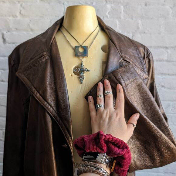 Vintage Brown Leather Jacket Western Trench Coat Earthy Cowboy Minimalist Coat L - Picture 2 of 10